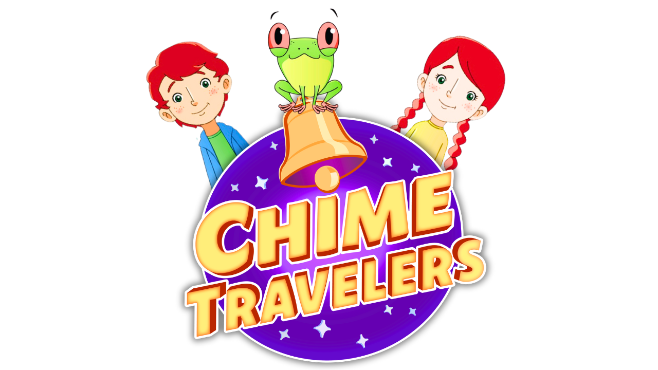 "Chime Travelers Characters Katie and Patrick, two redheaded twins, look out from behind the Chime Travelers Logo. Francis the Frog sits on a bell at the top of the logo."